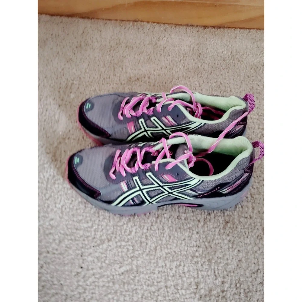 Asics Women 7.5 Gel-Venture 5 Running Training Athletic Gym Shoes Gray Pink Lime